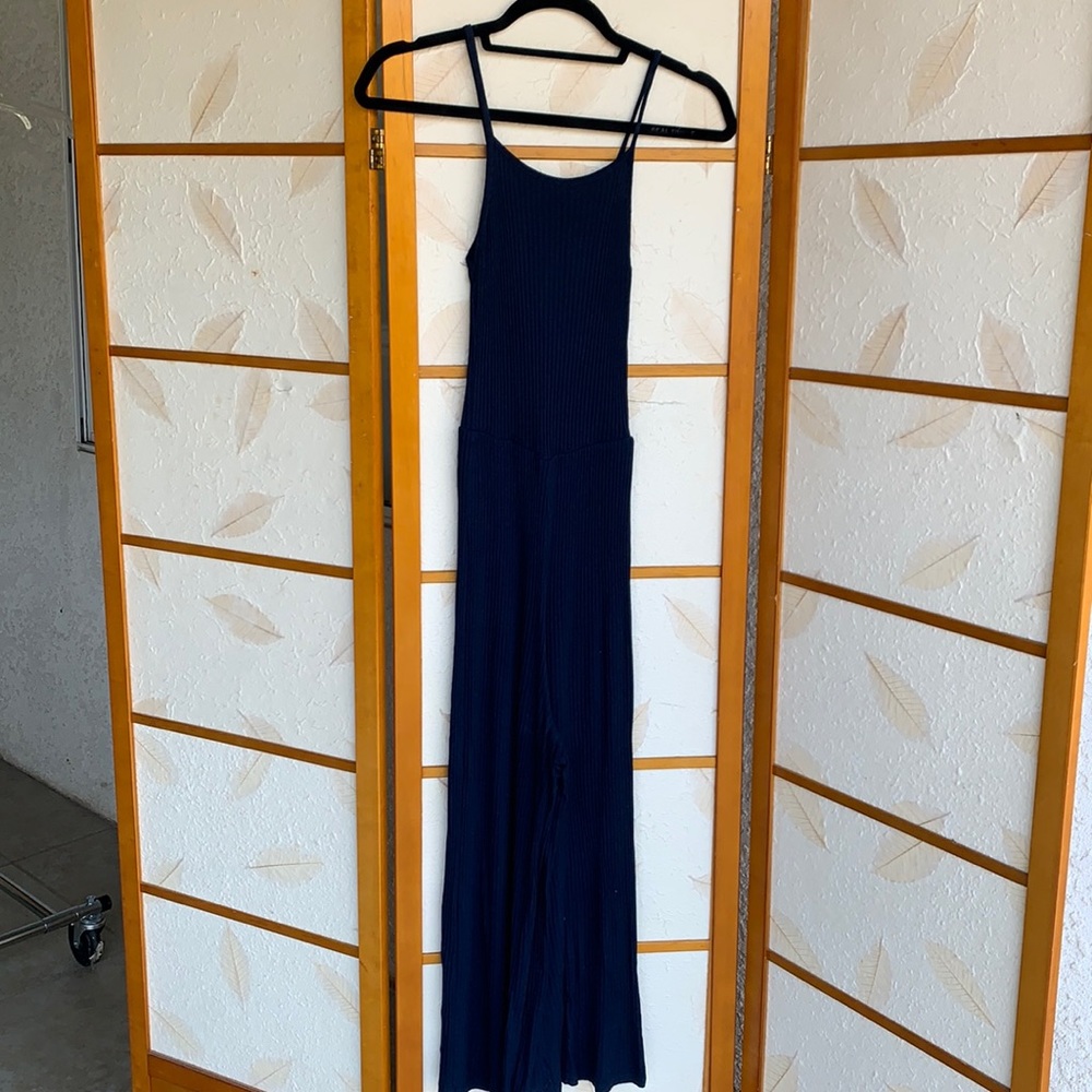 Navy rib knit cropped leg jumpsuit